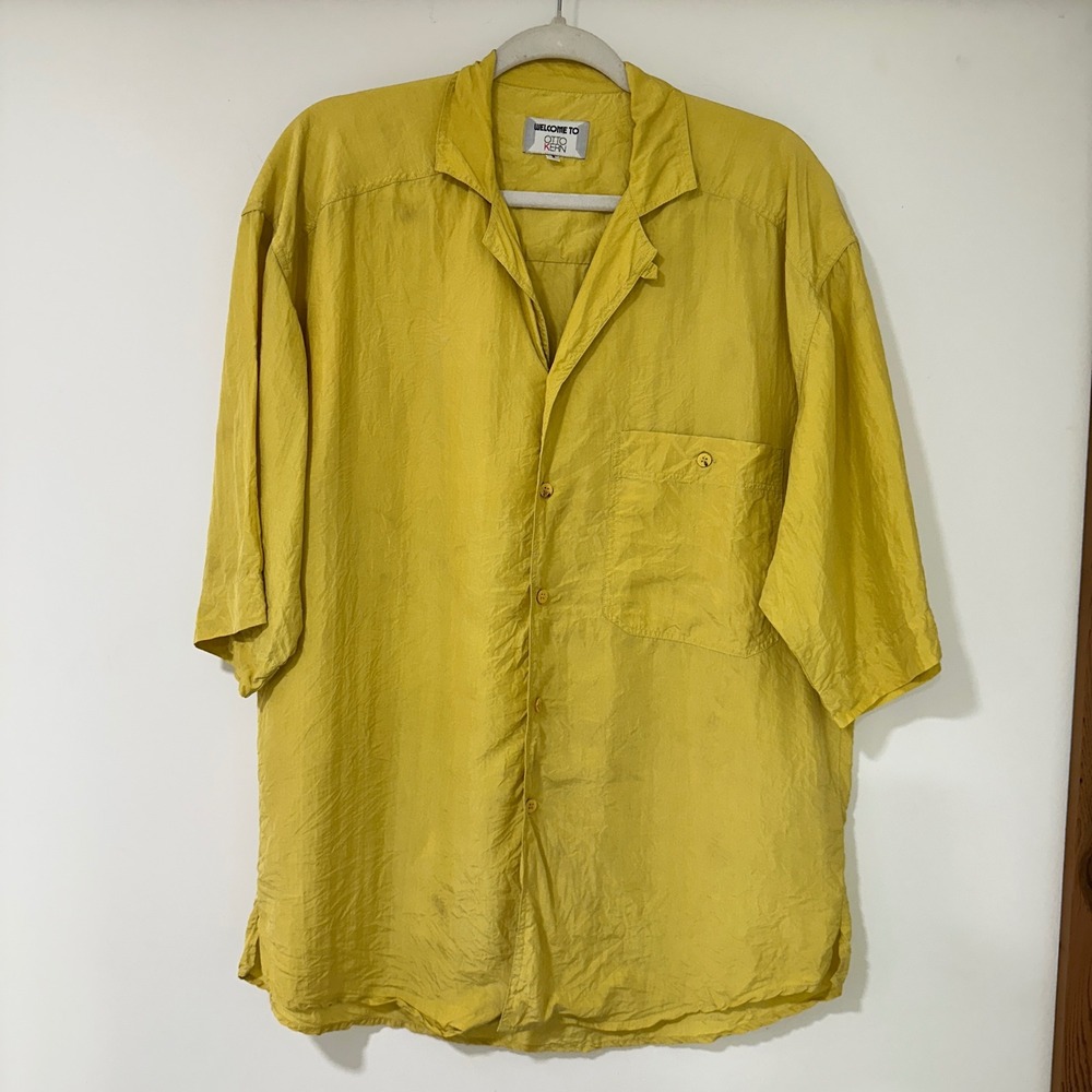 Otto Kern Mens Mustard Yellow Silk Short Sleeve Button Down Camp Shirt Vintage L